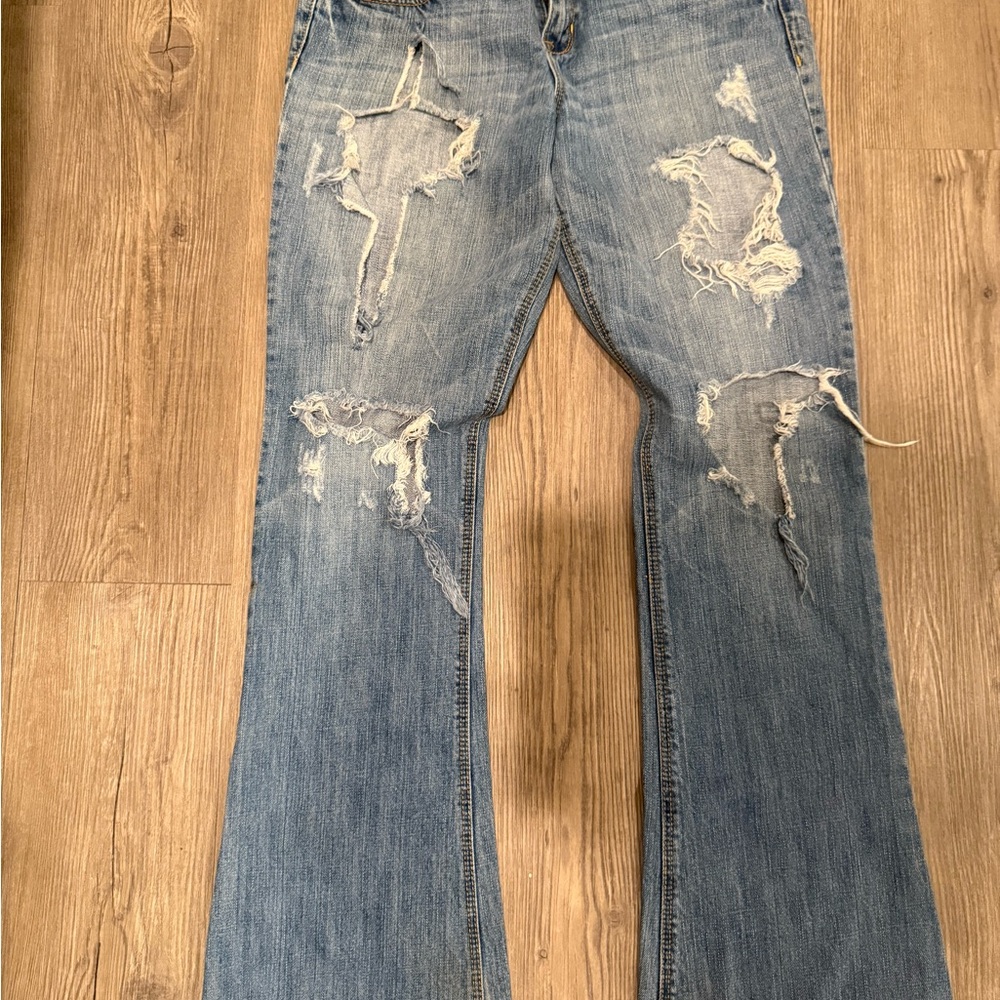 Hollister Blue Flare Jeans with Distressed Details